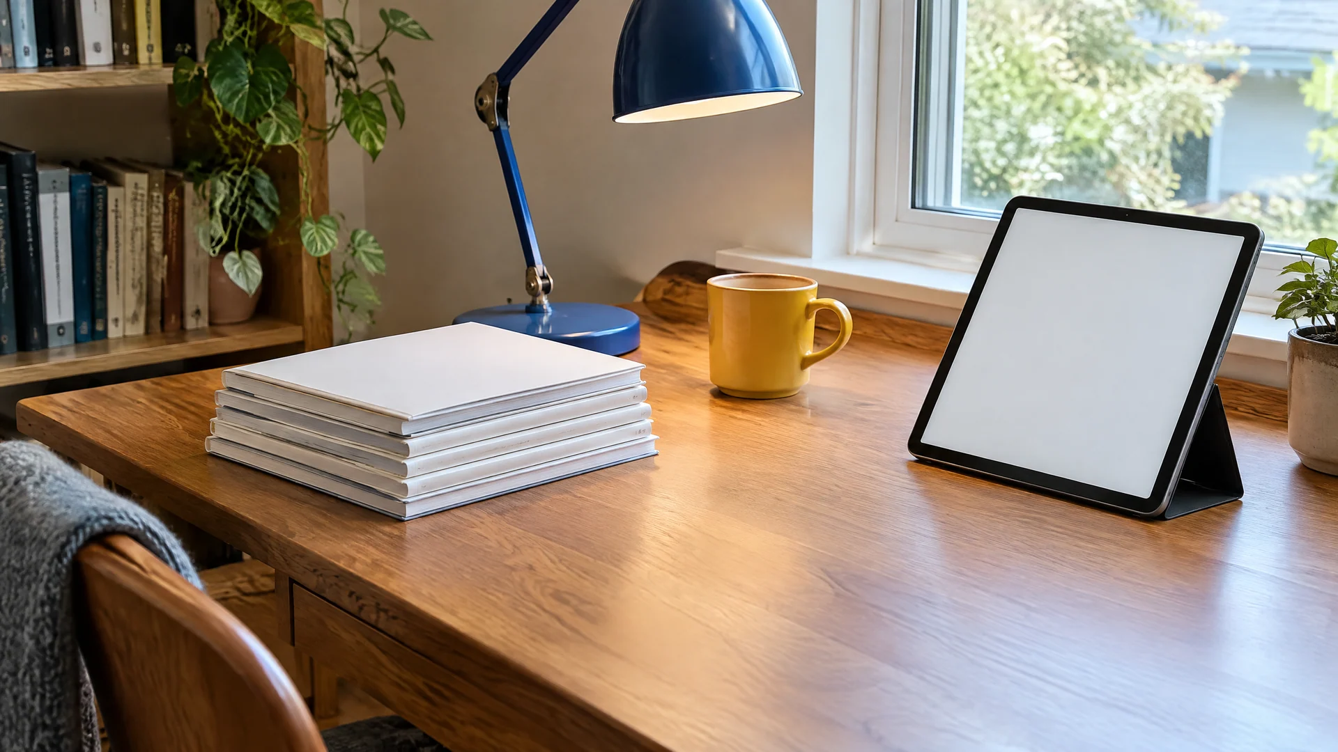 Home study desk with a stack of workbooks, a lamp and a tablet