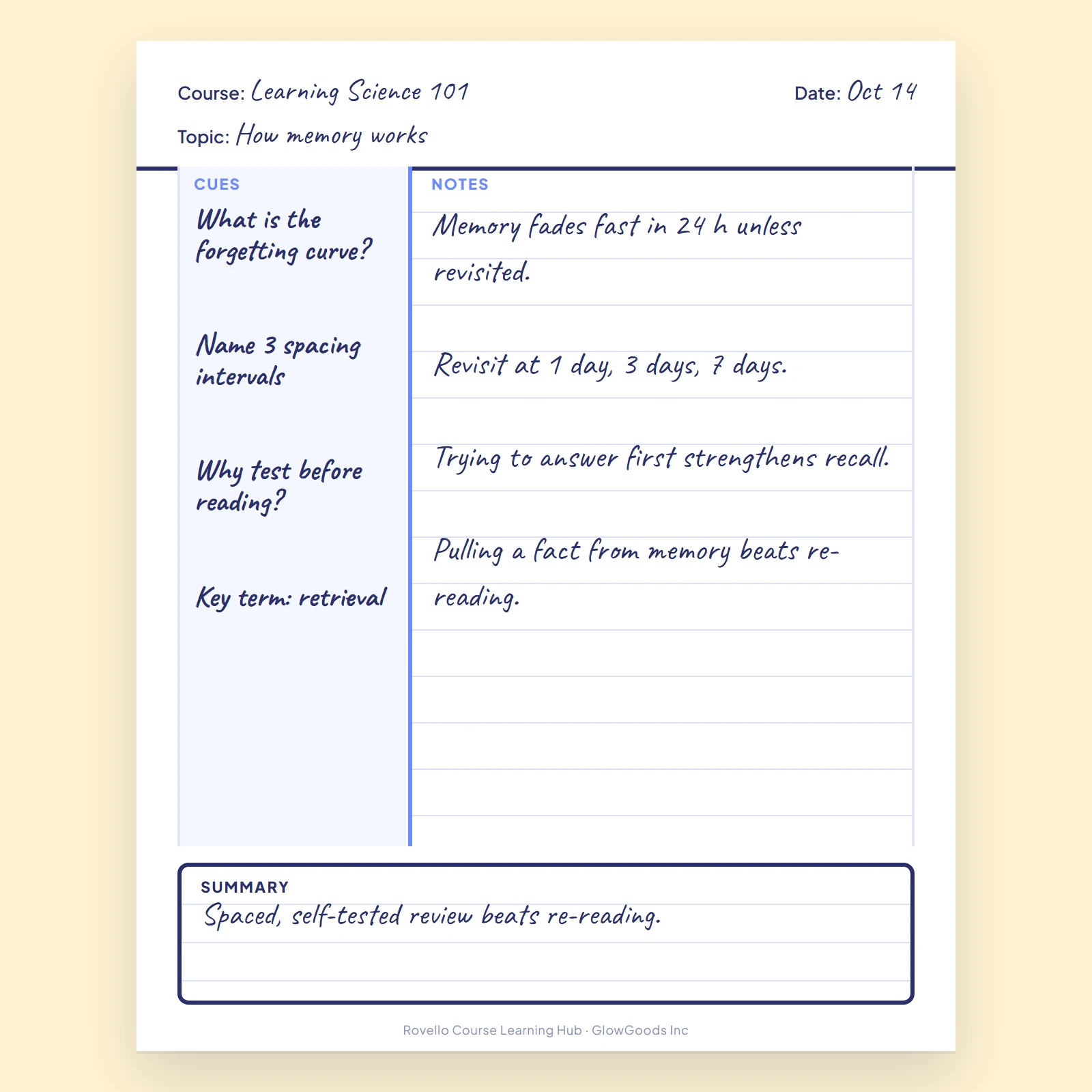 Cornell notes page with a cue column, main notes area and a summary box at the bottom