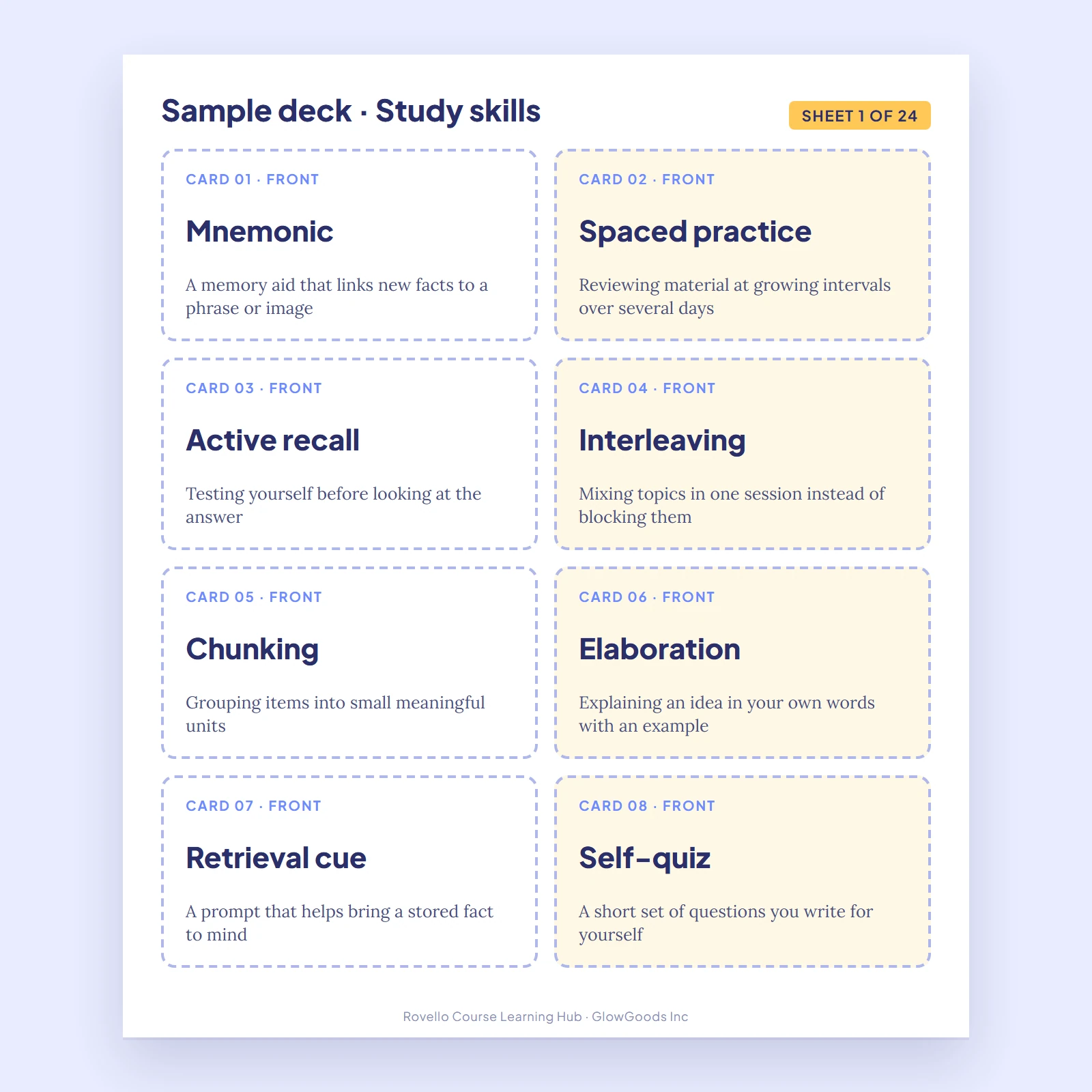 Printable flashcard sheet with a grid of eight cards showing terms and definitions
