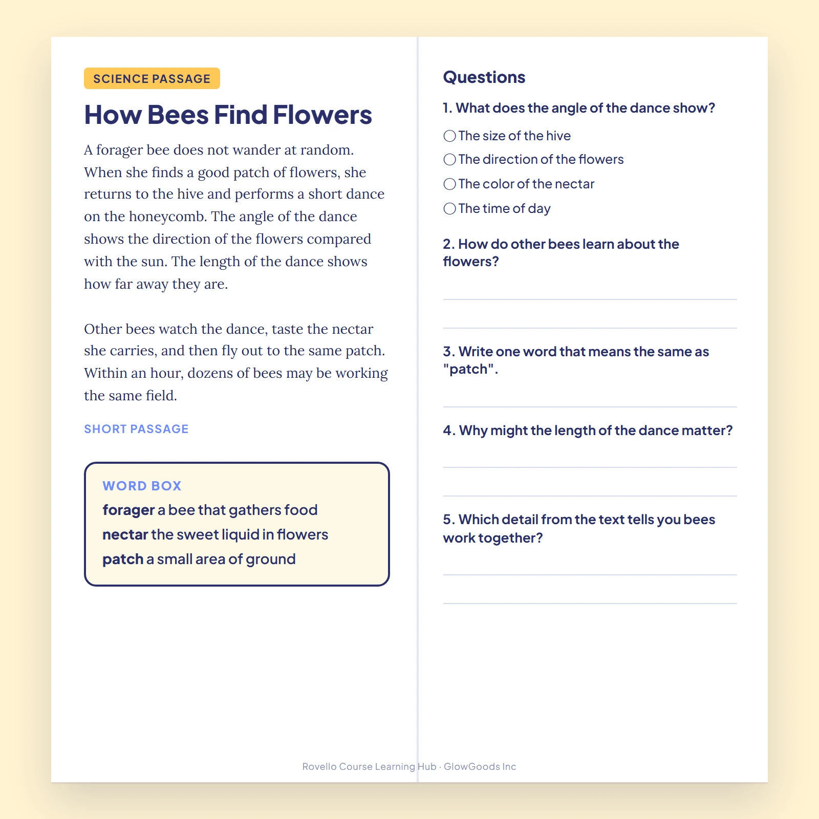 Reading workbook page with a short passage on the left and numbered questions on the right